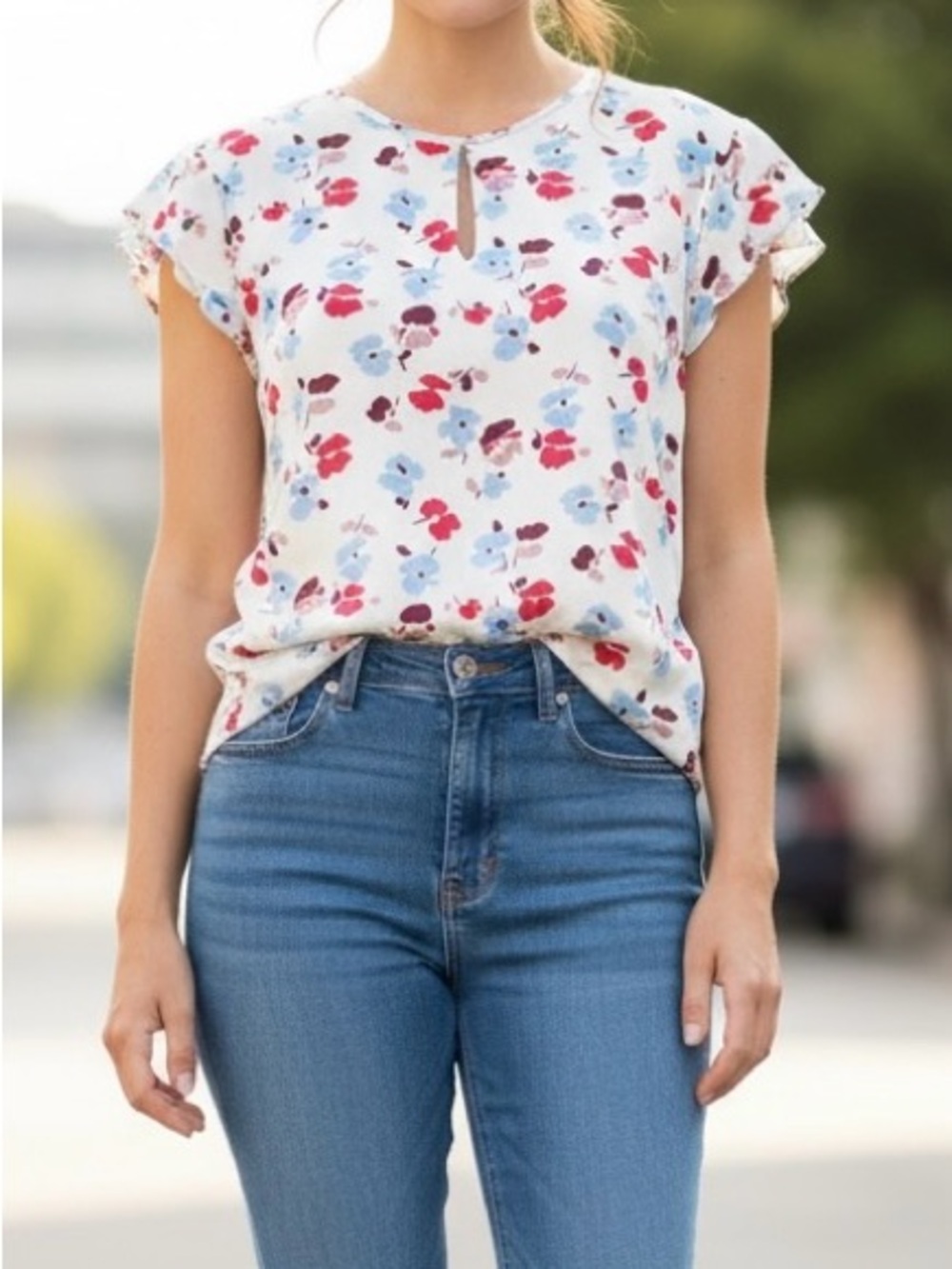 Ann Taylor Floral Cap-Sleeve Top